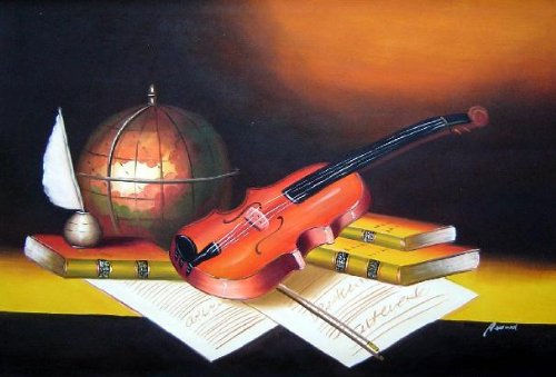 Still Life with Violin, Globe and Books on Table Oil Painting 24 x 36 inches