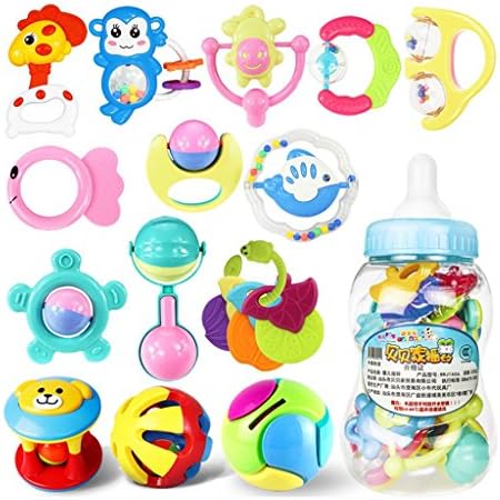 ROWAG 16 Pieces Baby Rattles and Teethers with Gift Bottle Educational Infants Coin Bank Playset Toys