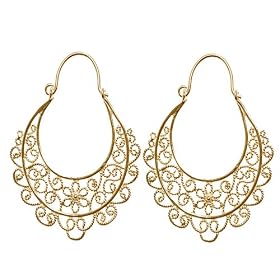 18k Gold Overlay Sterling Silver Floral Filigree Hoop Earrings