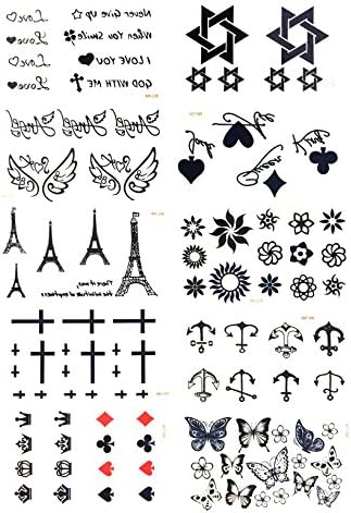 10 pcs Martiple Tattoo Stickers, Temporary Tattoos, Fashionable Removal Waterproof Tattoo Stickers, Body Art for Ladies and Gentlemen, 10 Sheets, Star, Anchor, Butterfly, Eiffel, Pattern (A)