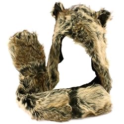 Adult Winter Faux Fake Animal Fur Scarf Trapper Hat with Paw Gloves Mittens Natural