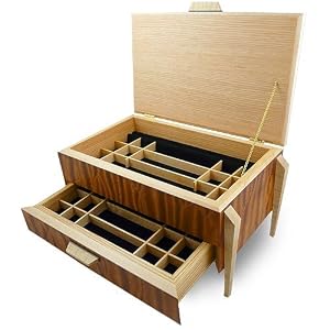 Handcrafted Elevated Jewelry Chest with 1 Drawer, Quilted Sapele and Curly Maple Wood