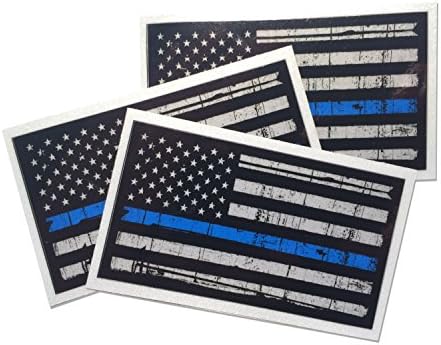 3 pack - Tattered 3M reflective Thin Blue Line 3.75 X 2.25 Decal Sticker United States Us Flag Tactical Police Law Enforcement (EMPIRE TACTICAL USA BRAND)