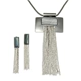 Long 30 Hematite Tone Rectangle Pendant with Tassle Necklace and Earrings Set Fashion Jewelry