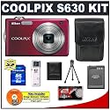 Nikon Coolpix S630 12 Megapixel Digital Camera (Ruby Red) with 7x Optical Zoom + EN-EL12 Battery + 8GB Card + Leather Case + Accessory Kit
