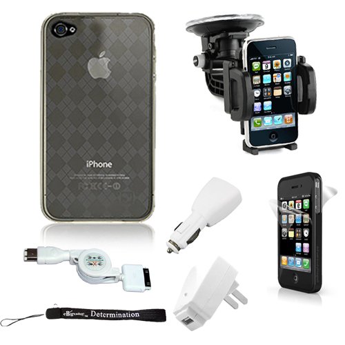 Argyle Smoke Flexi Skin Cover for Apple iPhone 4 / 4th Generation compatible with 16GB / 32GB + 4-inch eBigValue (TM) Determination Hand Strap Key Chain + Includes a Rotadable GPS / Cell Phone Car Windshield Mount compatible for your iPhone 4 + Includes a Trave Accessorie Charge Kit; Home and Wall charger with a Retractable USB Sync Cable
