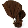 Winter Unisex Adjustable Back Tie 3 Pom Pom Ribbed Knit Slouchy Ski Beanie Brown
