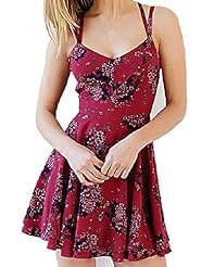 Sexy Scoop Neck Summer Chiffon Above the Knee Short Backless Floral Print Sleeveless Spaghetti Strap Bodycon Dress/Mini Dress 