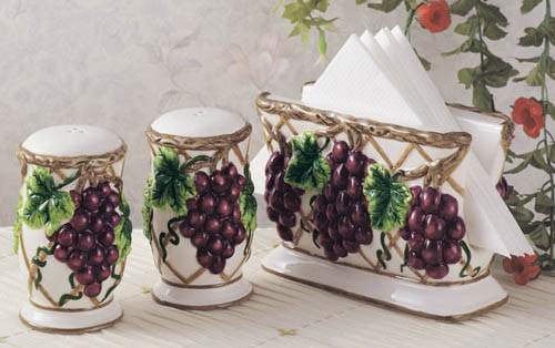 3 Piece Grape Tabletop Set Salt Pepper Shakers Napkin Holder New