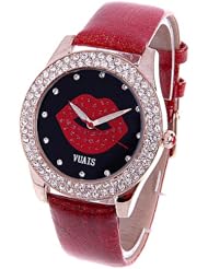 Vuais Red Mouth Pattern Dial Analog Quartz Watch with High Imitation Diamond Decoration for Women