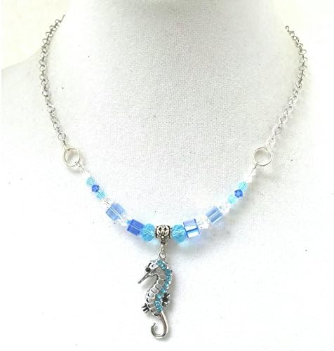 Blue Rhinestone Seahorse Necklace - Unique Statement Jewelry - Blue Jewelry - Christmas Gift for Her