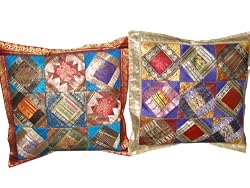 2 Deep Violet Red Sari Zari Borders Toss Pillow Cushion Covers