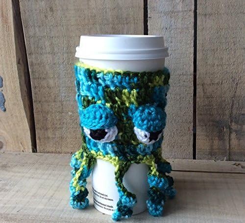 Sleepy Octopus Coffee Cozy in Turquoise and green. This Octopus also likes tea and would keep your tea warm as well.. Great gift card holder, especially for the coffee addict on your list