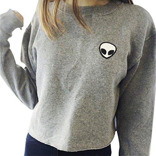 Cashsun Womens Slouchy ET Alien Pattern Raglan Pullover Sweatshirt Top, Grey M