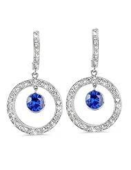 Twin Circle Pave Diamond Earrings In 18K White Gold With A 0.65 ct. Genuine Blue Sapphire Center Stone.
