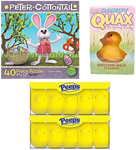 Easter Basket Filler Treats Bundle - Yellow Peeps 10 Count, Qaux the Yummy Ducky, 40 Piece Peter Cotton Tail Puzzle