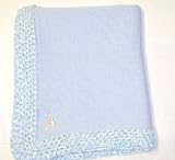 Knitted on Hand Knitting Machine Blue Cotton Hand Crochet Finished with Blue Chenille Infant Boys Large Blanket Size 32 By 45 Inches