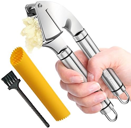 Uberosy Garlic Presses and Peeler Set - 304 Stainless Steel Cloves Press - Ginger Mincer - Silicone Roller Tube with Cleaning Brush