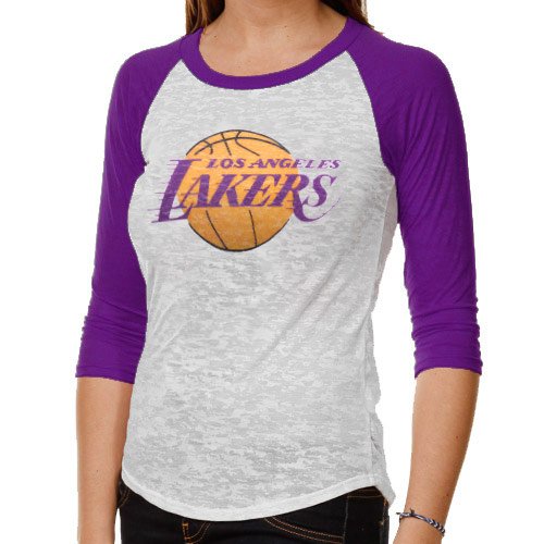 Touch by Alyssa Milano Los Angeles Lakers Ladies Over The Top Raglan Burnout Three-Quarter Sleeve Premium T-Shirt - White-Purple (Medium)