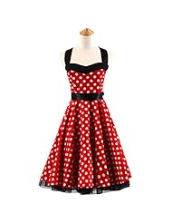 Plus Size Junior V-neck Pleated Gathered Vintage Full-Skirt Short Polka Dot Print Cotton Bateau Neck Sleeveless Evening Dress/Party Dress 