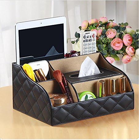 Remote organizer Remote holder tissue box holder make up organizer desktop storge PU leather (Black)