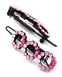 2 Black and Pink Open Round Rhinestone Circle Snap Hair Barette Clips