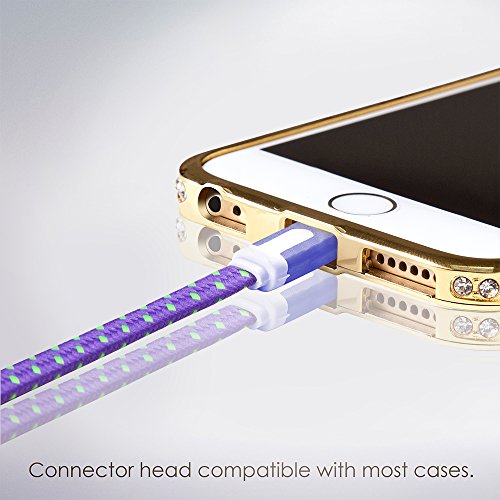 iPhone 6 Charger - 6ft, Purple, Flat Lightning Cable - Strong, Long, Braided USB Data Cord - High Speed Heavy Duty Sync Wire - For Apple iPhone 6 6s 6se 5, iPad, iPod - Money Back Guarantee