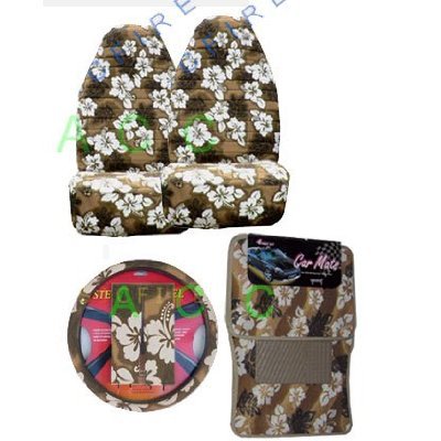 9 Piece Hawaiian Auto Interior Gift Set - Tan Hawaii Hibiscus Floral print: 2 Front Bucket Seat Cover, Steering Wheel Cover, 2 Shoulder Harness Pressure Relief Cover, 2 Front Floor Mat and 2 Rear Floor Mat - Tan