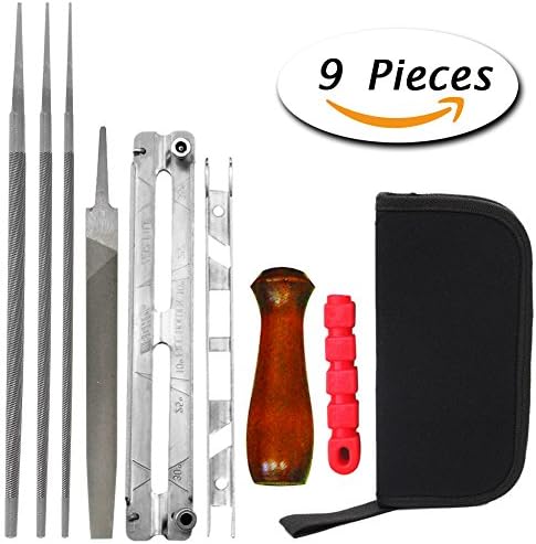 9 Piece Chainsaw Sharpener Kit Including 5/32, 3/16, 7/32 Inches Files, Wood and Plastic Handle, Depth Gauge, Filing Guide and Carrying Case
