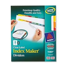 Avery Index Maker White Dividers, 8-Tab, Laser/Inkjet, Letter Size, Assorted/Clear, 8 per Set (11407)