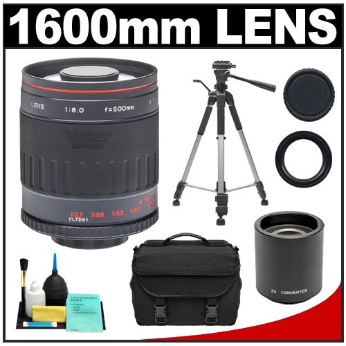 Vivitar 800mm f/8.0 Series 1 Multi-Coated Mirror Lens with 2x Teleconverter (=1600mm) + Tripod + Case + Accessory Kit for Nikon D40, D60, D90, D300, D300s, D3, D3s, D3x, D7000, D3000, D3100 & D5000 Digital SLR Cameras