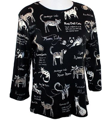 Jess & Jane 3/4 Sleeve, Rhinestone Accented, Scoop Neck, 100% Cotton Printed Fashion Top Black Colored - Cats World