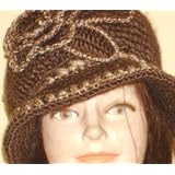 Hand Crocheted Brown Color Acrylic Wool Winter Hat Trimmed with Ivory and Crocheted Rosette