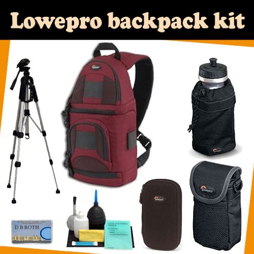 LowePro Backpack kit which includes the Lowepro Slingshot 100 All Weather Backpack (Red) + TR-60N Camera Tripod + Sliplock pouch 10 + DMC-Z wallet for memory card(s), batteries, Mini DV tapes and more + Lowepro Mesh Water Bottle Bag for 32oz. Size Bottles + Camera lens Cleaning kit + DB ROTH Micro Fiber Cloth.