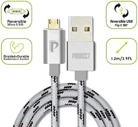 PHONECT 3.9ft/1.2m Reversible USB 2.0 A Male to Micro USB Male Cable Nylon Braided Tangle-Free cell phone Cable for Android, Samsung, Sony, HTC, Motorola and more (Sliver)