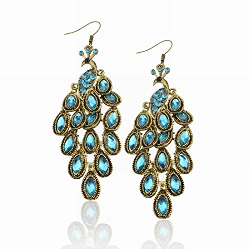 Long Retro Copper Sky Blue Peacock Crystal Gem Hook Eardrop Dangle Earrings