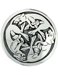 Sterling Silver Celtic Lions Mandala Brooch Pin Pendant, 1 5/8 inch wide