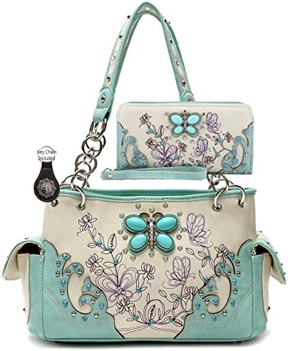 Western Turquoise Butterfly Purse Wallet Set, Concealed Gun Pocket, Plus Keychain (Mint)