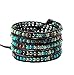 Mix Turquoise & Agate Gemstones Long 5x Leather Wrap Adjustable Bracelet Earth Colors with S.steel Button