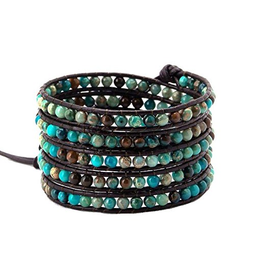 Mix Turquoise & Agate Gemstones Long 5x Leather Wrap Adjustable Bracelet Earth Colors with S.steel Button
