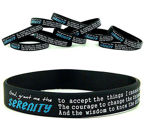 SERENITY PRAYER SILICONE BRACELETS, BULK 10-PACK - Unisex Black w/ Teal & White Print - Serenity Prayer Silicone Rubber Bracelet Wristbands for Men Women Adults