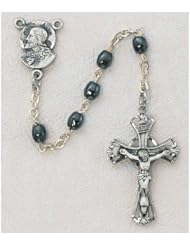 Solid .925 Sterling Silver Oval Hematite Rosary Rosaries Childrens Medal Pendant Necklace