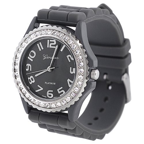 Geneva Platinum CZ Accented Silicone Link Watch, Large Face