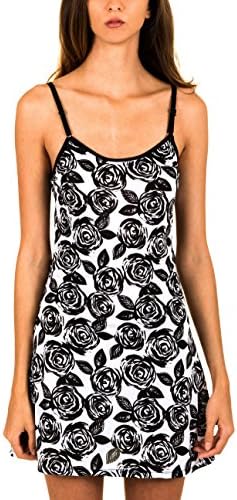 Women's Slim Fit Chemise Nighty with Adjustable Straps (Medium, White/Black Floral)