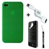 Aero Air Mesh Design Custom Style Durable Hard Protective Case for Apple iPhone 4 / 4th Generation compatible with 16GB / 32GB + 4-inch eBigValue  Determination Hand Strap Key Chain + Includes a USB Data Power and Sync Retractable Cable + Includes a Front and Back Privacy Screen Protector for Apple iPhone 4