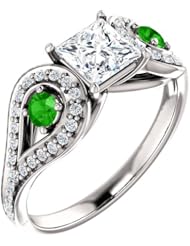 14K White Gold Princess Cut Diamond and Tsavorite Ring -- LIFETIME WARRANTY