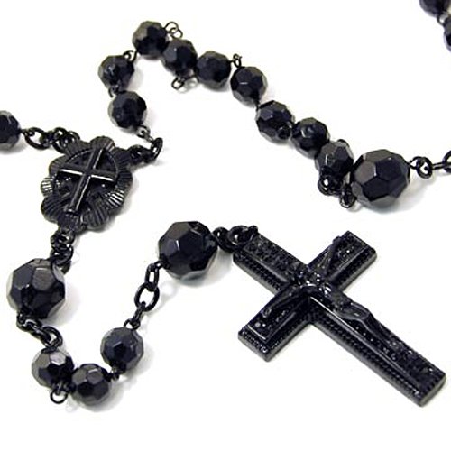 Black Coated Long Chain and Crystal Beaded Rosary Necklace