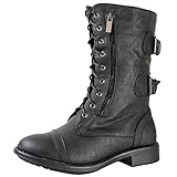 Top Moda Pack-72 Women's Back Buckle Lace Up Combat Boots Black 7.5