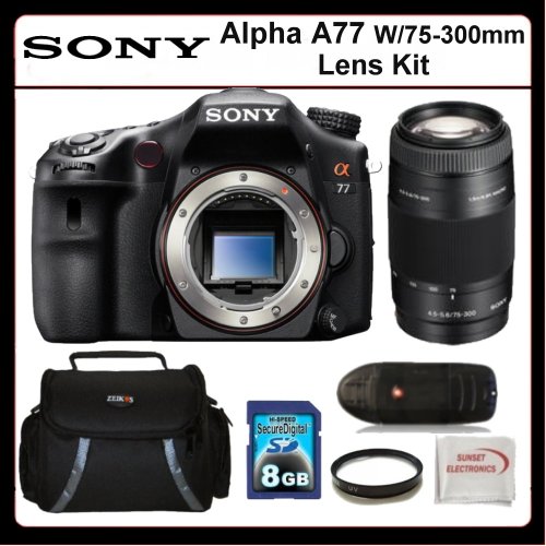 Sony Alpha A77 Kit w/75-300mm Lens Includes: Sony Alpha A77 with 75-300mm Lens, 8GB SDHC Memory Card, Memory Card Reader, UV Filter, SSE Microfiber Cleaning Cloth and Soft Carrying Case