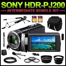 Sony HDR-PJ200 High Definition Handycam Camcorder (Black) Intermediate Bundle Kit includes Charger, Battery, 32GB SD Memory, Carrying Case, Full Size Tripod, Monopod, HDMI Cable, Card Reader, (2) Lenses, Filters and Cleaning Kit